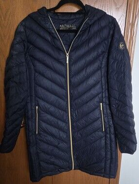 Michael Kors Packable Down Quilted Hooded Puffer Coat with Gold Trim L Navy
